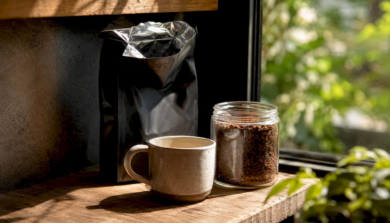 Freshly opened coffee bag with grounds and mug