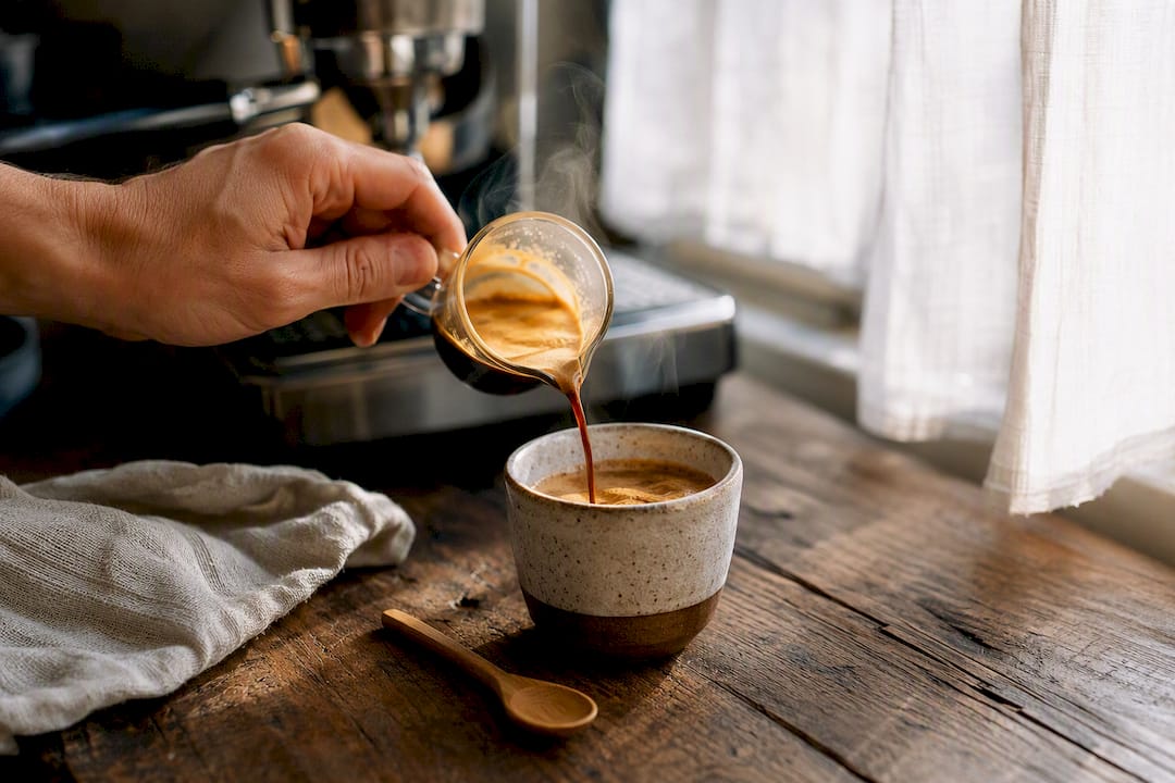 Fresh espresso pouring with rich crema