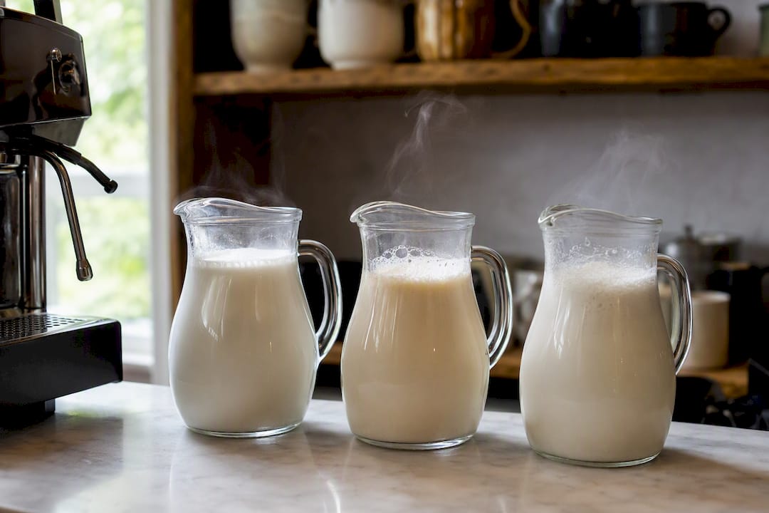 Three milk types steamed for latte art comparison