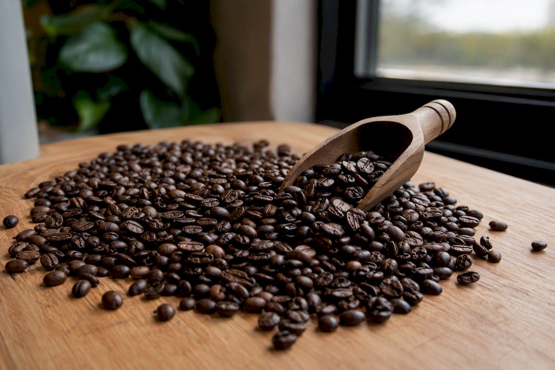 Close-up of fresh dark roasted coffee beans