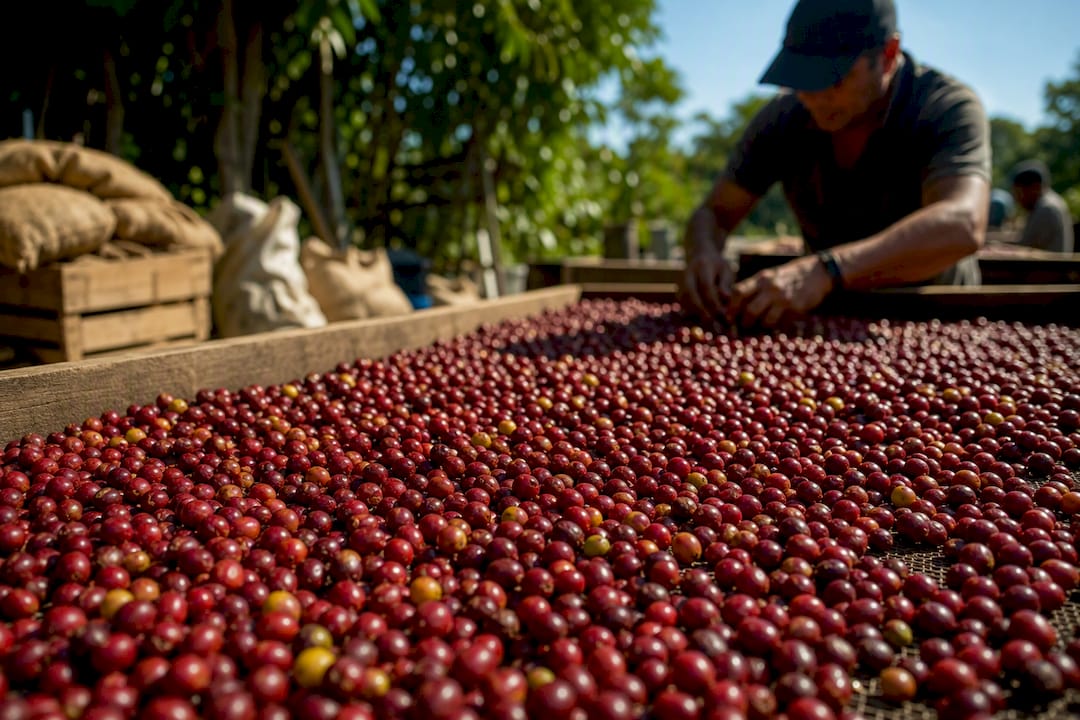 Coffee cherries drying on wooden beds at cooperative