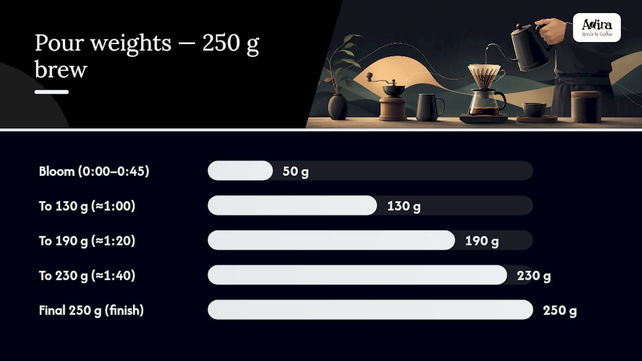 Diagram of V60 brewing ratio and timing steps