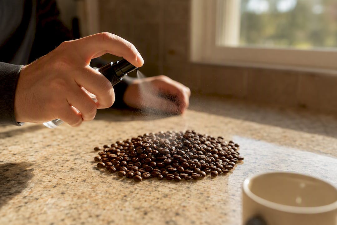 Hands spraying coffee beans with water mist