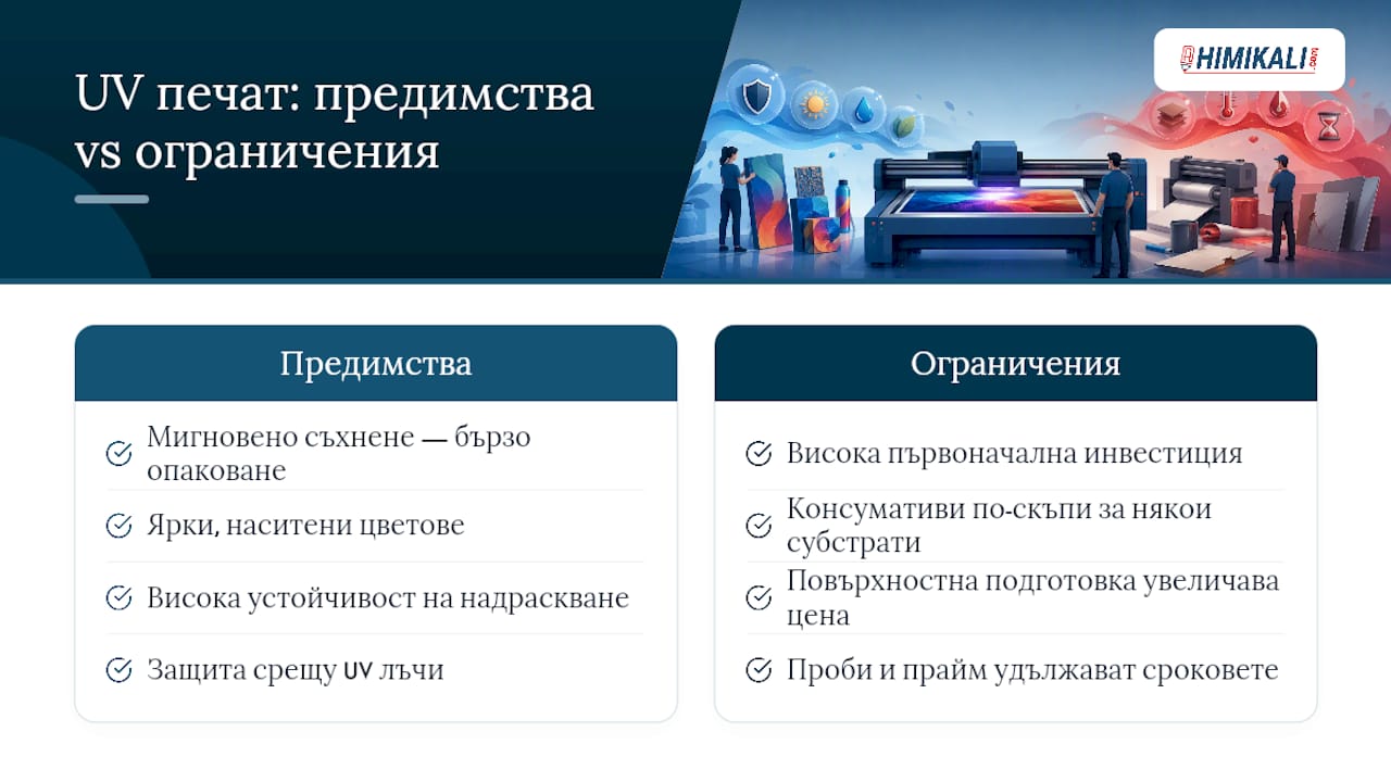 Диаграма с предимствата и недостатъците на UV печата