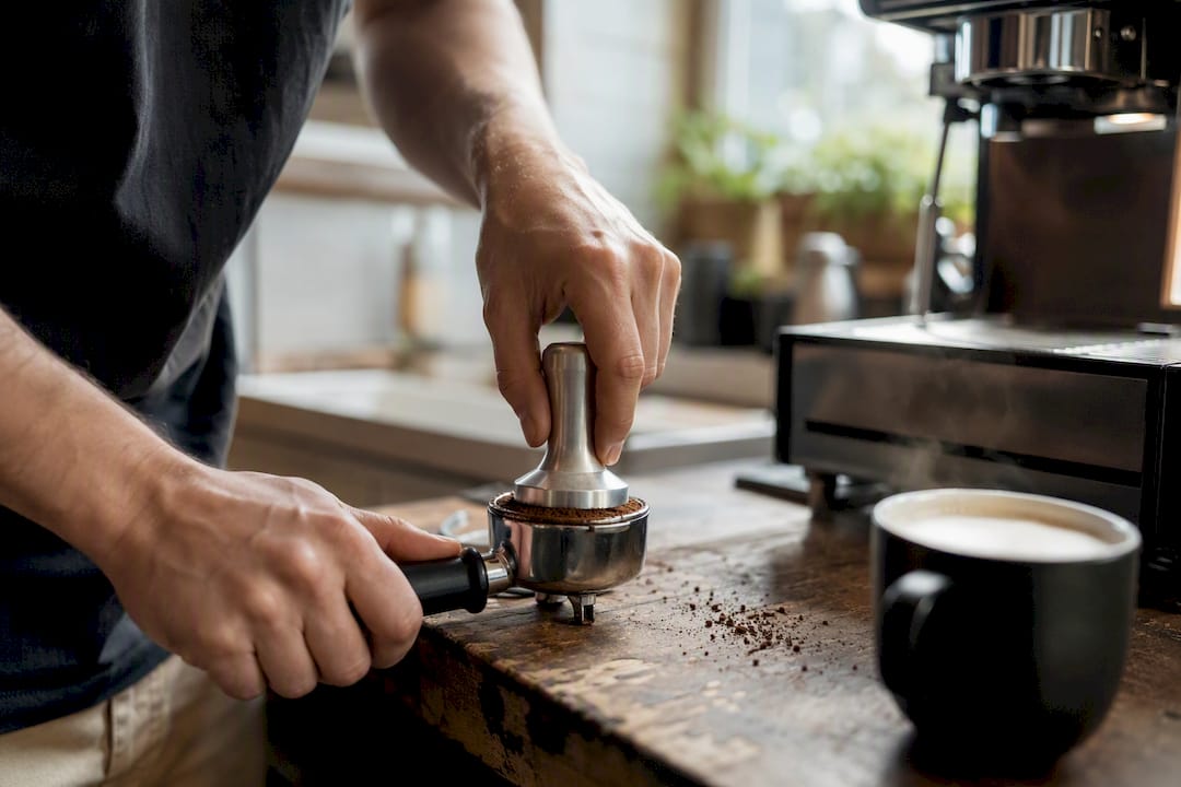 Hands dosing and tamping espresso grounds