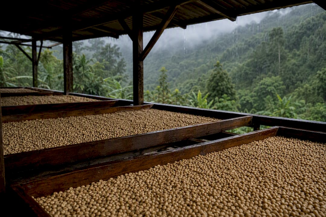 Coffee parchment drying beneath rain shelter