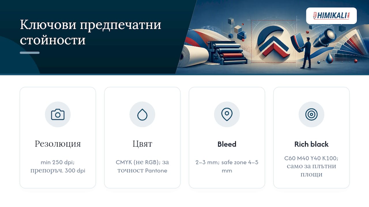 Предпечатни параметри за резолюция, цветове и отвор