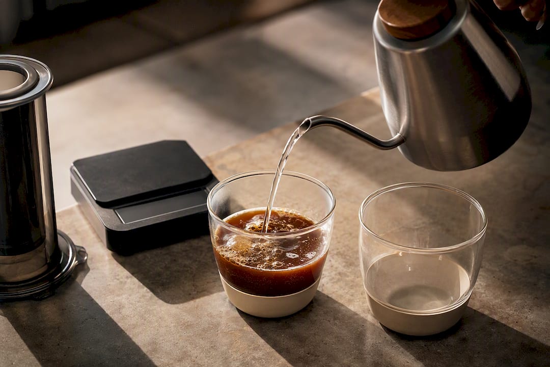 Hot water diluting brewed coffee concentrate