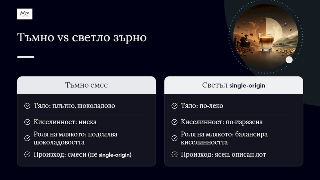 Сравнение между светло и тъмно изпечено кафе