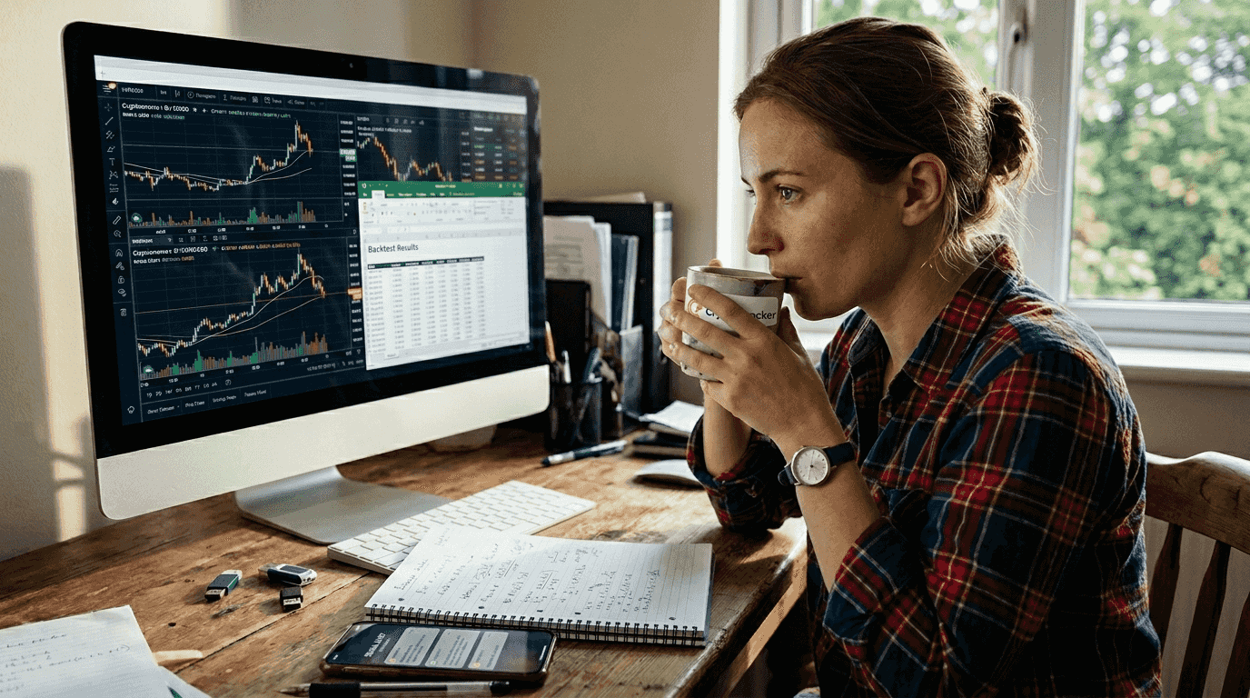 Analyst reviewing crypto trading backtests