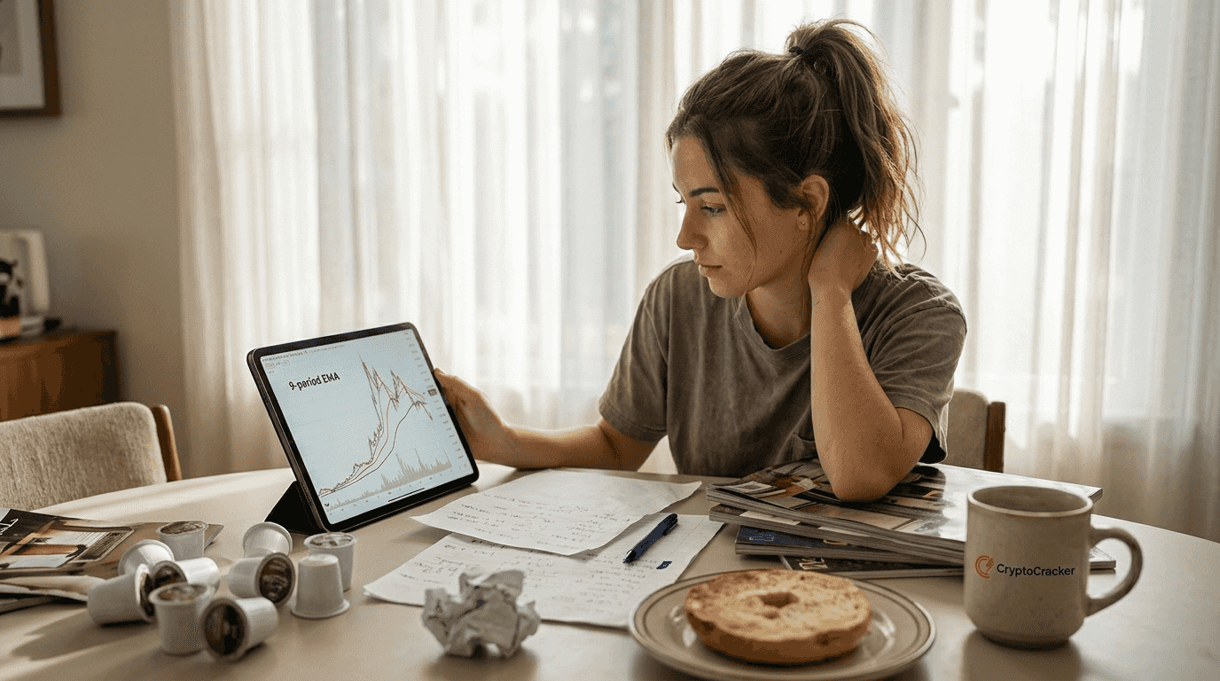 Trader analyzes EMA chart at cluttered table