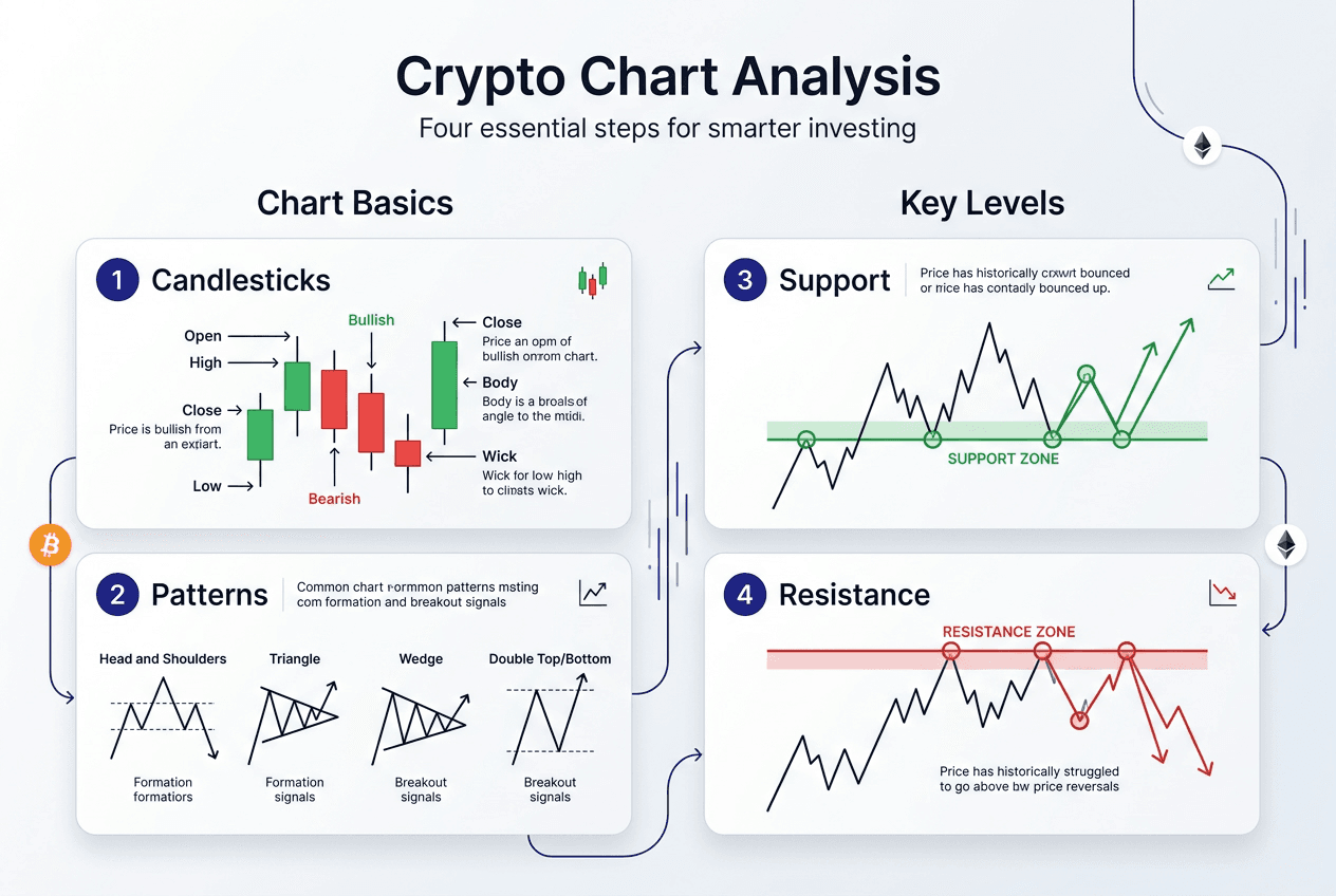 Infographic showing four crypto chart analysis steps
