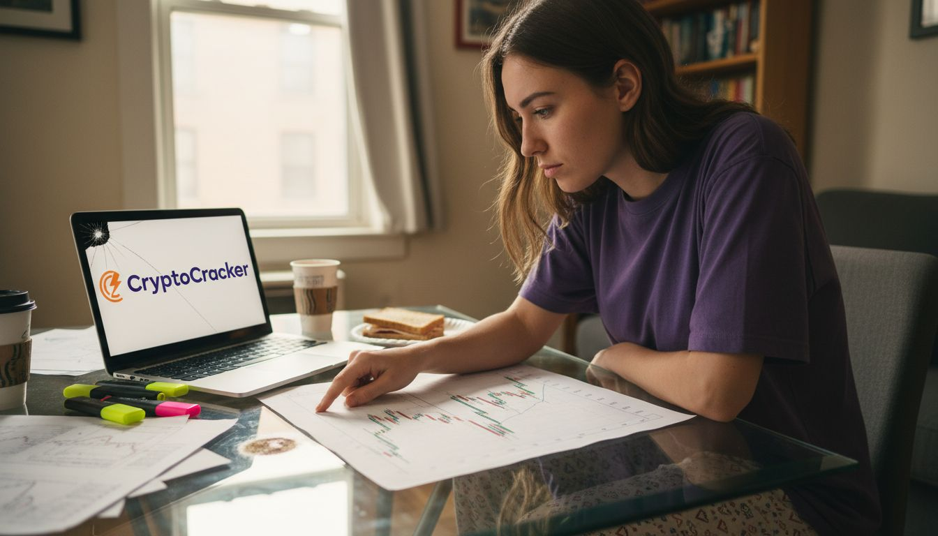 Woman studies candlestick chart at home