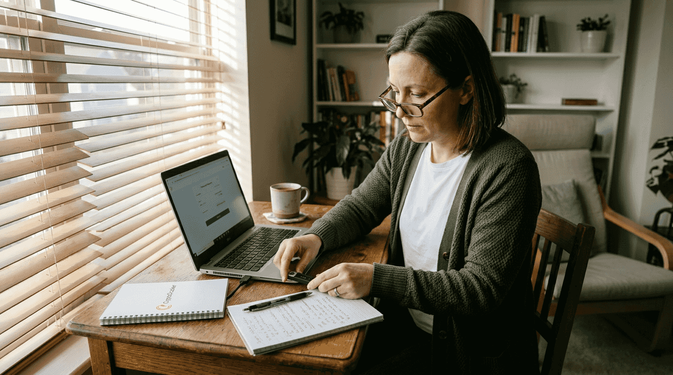 Woman setting up hardware wallet at home
