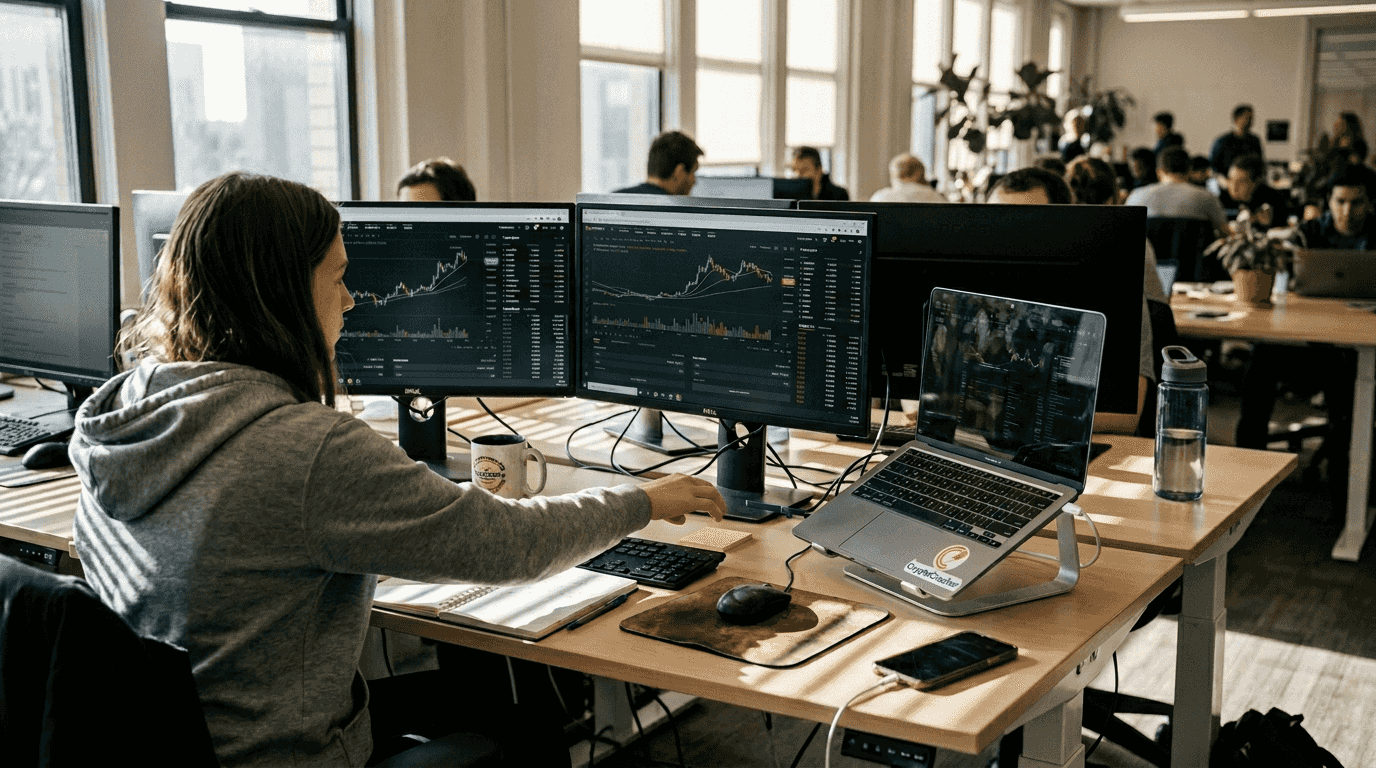 Trader using multiple screens for exchanges