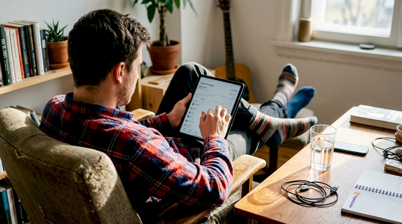 Man checking crypto portfolio on tablet