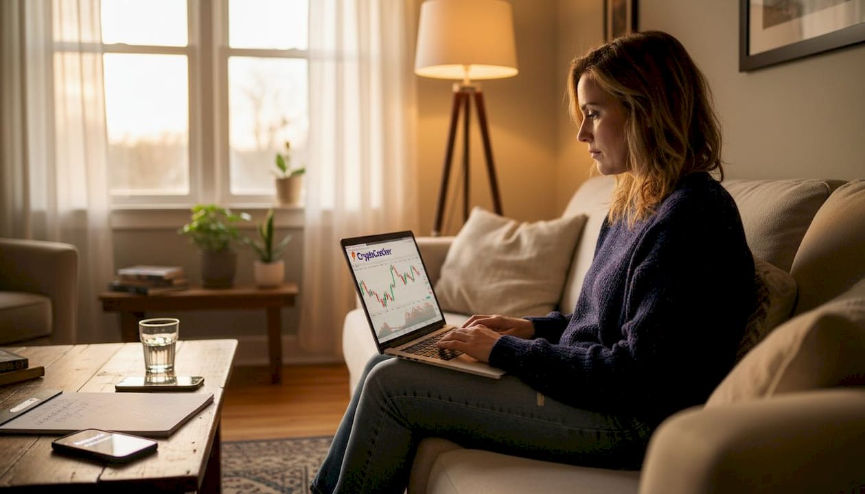 Woman checks crypto price swings at home