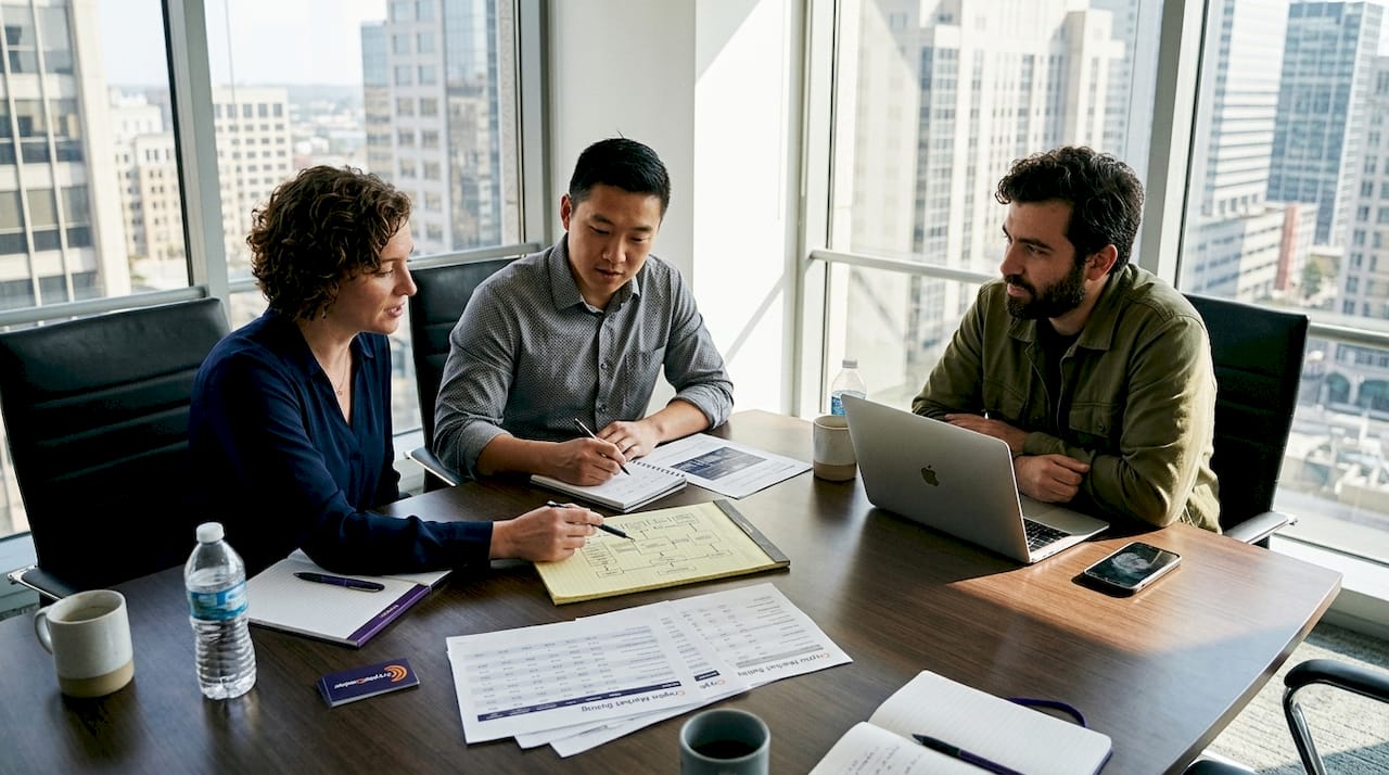 Team discussing crypto risk frameworks at table