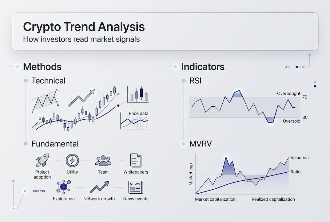 Crypto trend analysis infographic with methods
