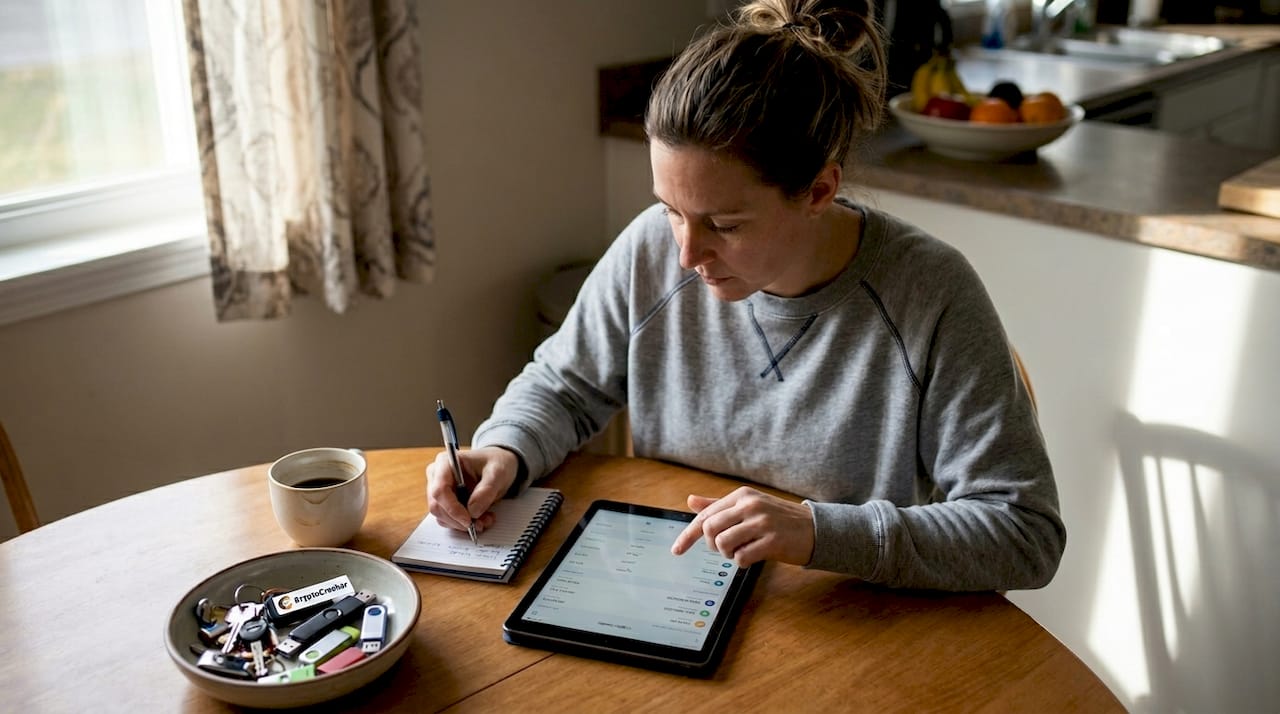 Woman managing multiple crypto wallets at table