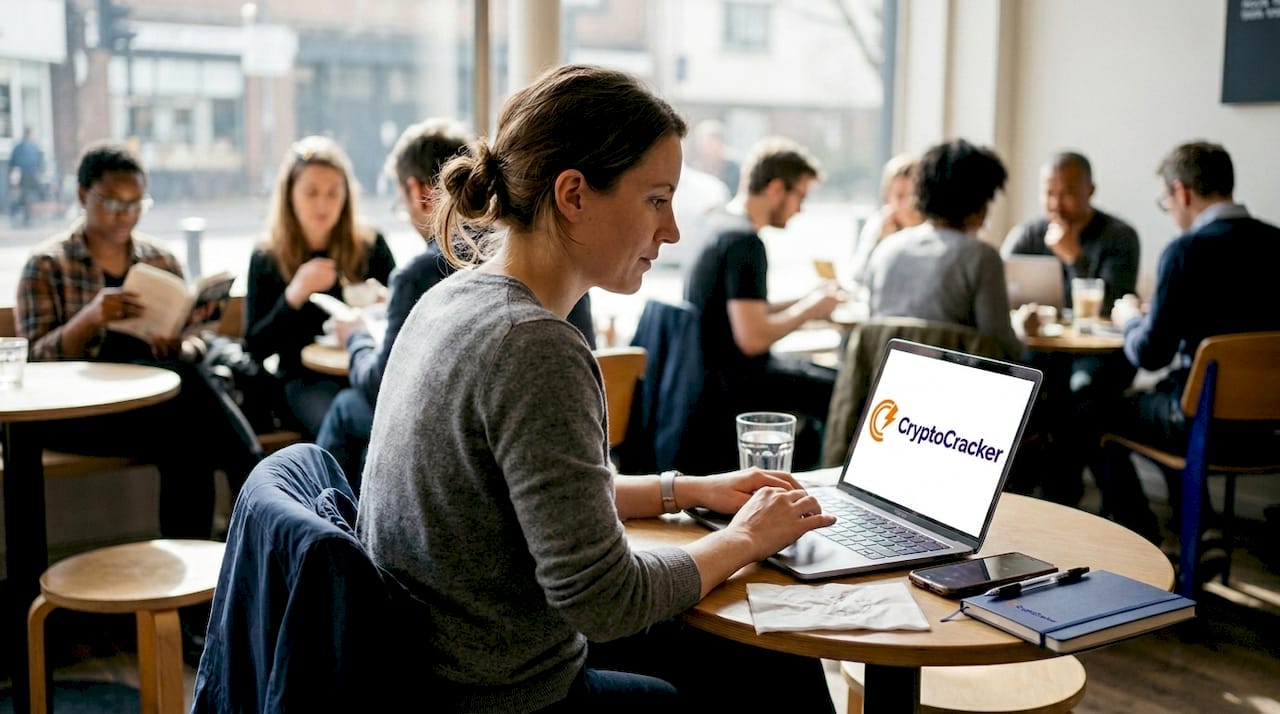 Woman analyzing portfolio at café table