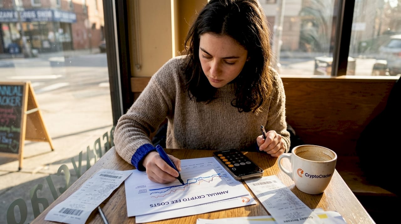 Reviewing printed crypto fee chart in café