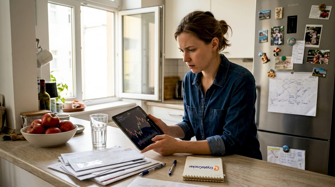 Woman reviewing crypto trading app worried