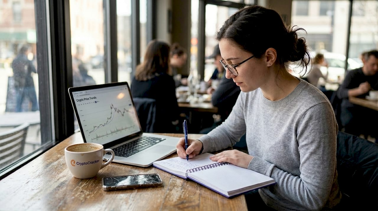 Woman views crypto charts in café setting