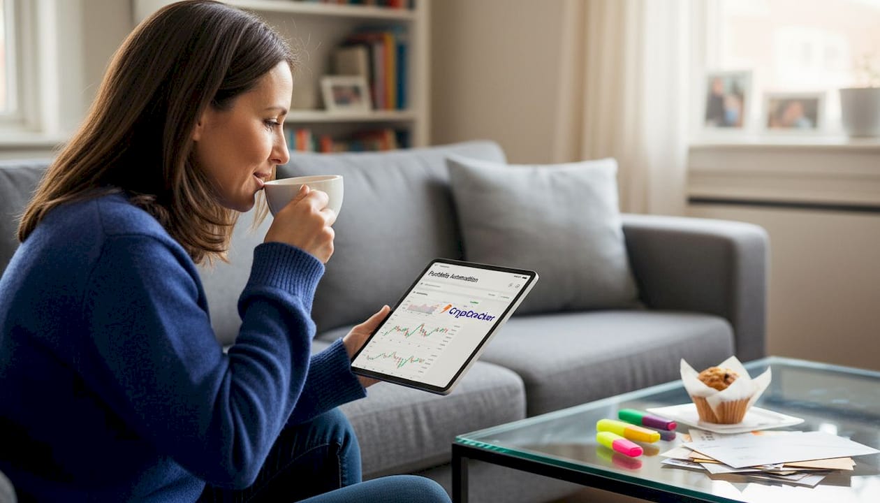 Woman checking fintech automation app dashboard