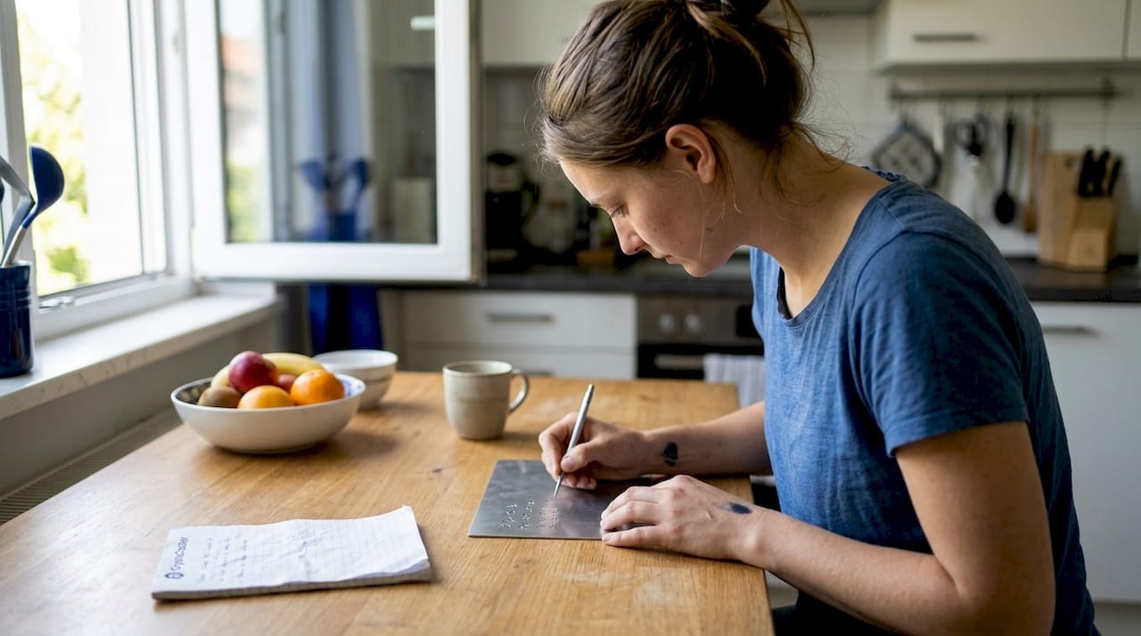 Woman writing seed phrase on metal backup