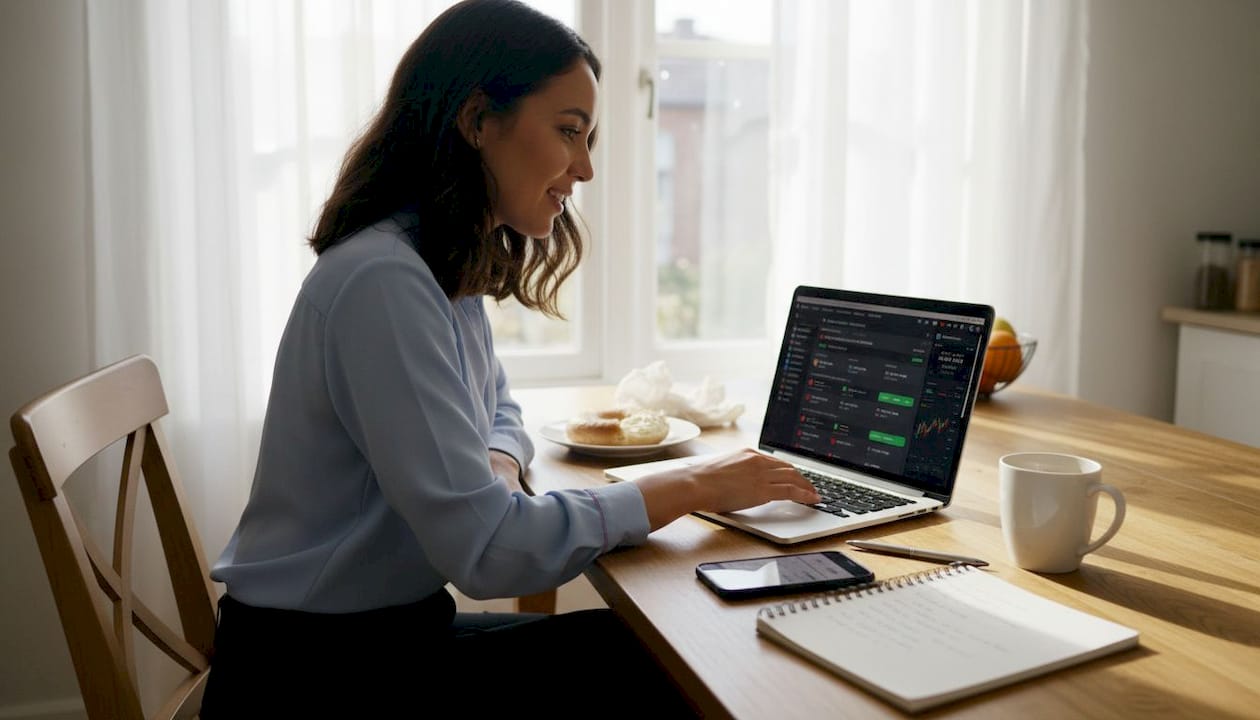 Woman scheduling crypto investments at kitchen table