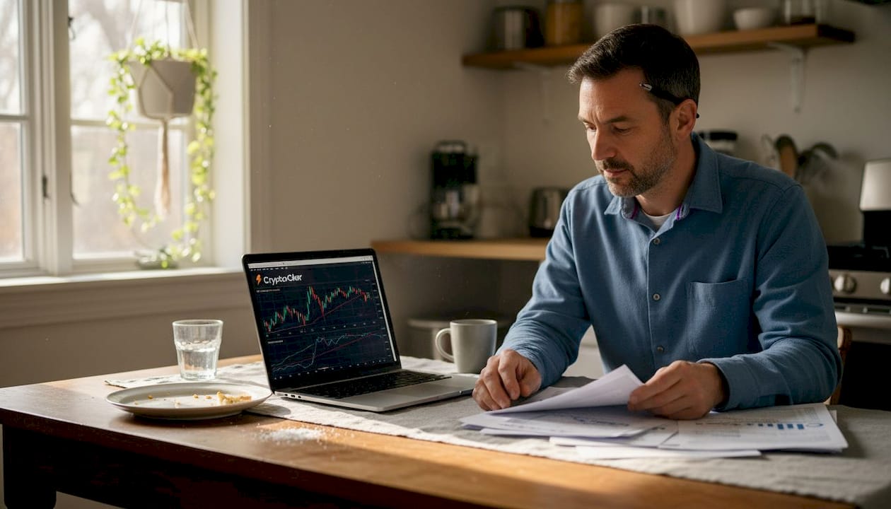 Man analyzing real crypto trading costs at kitchen table