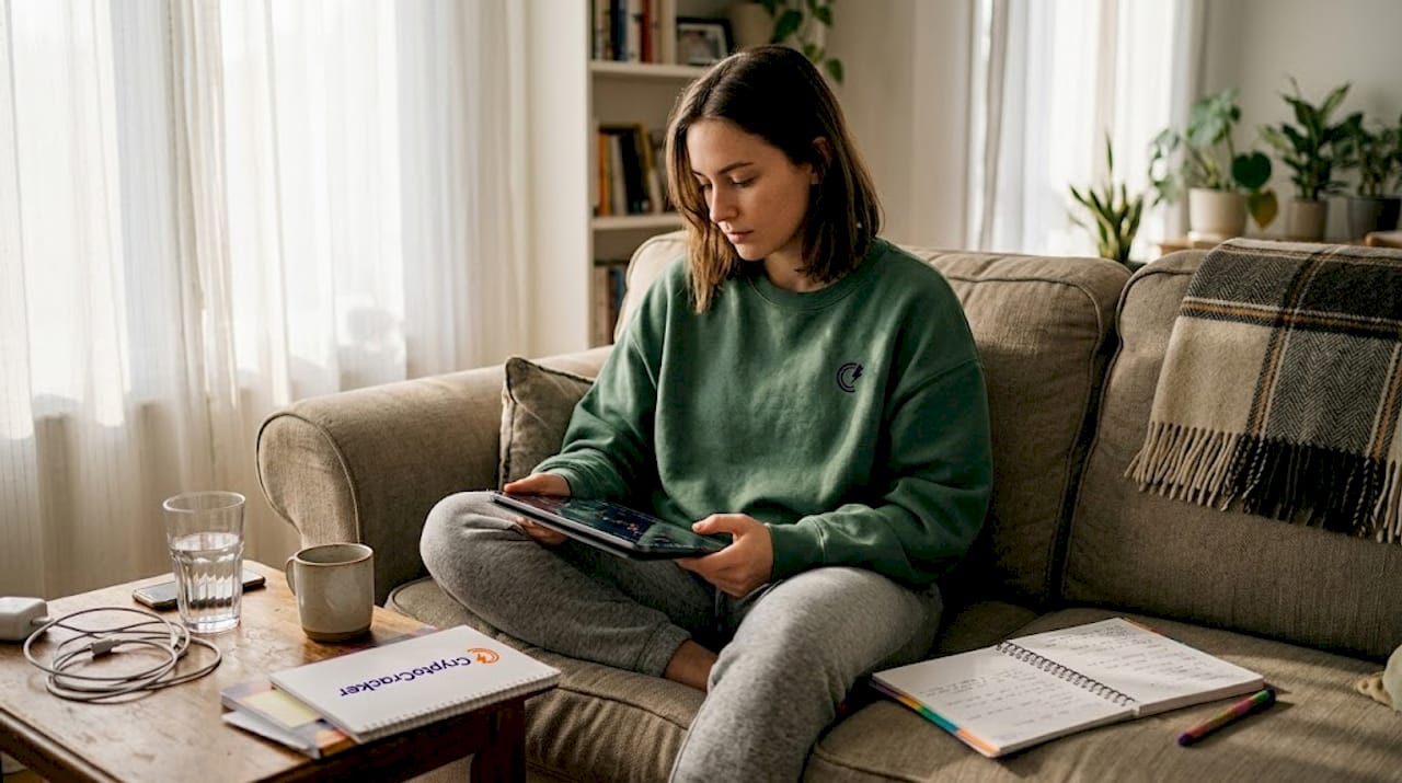 Woman reviewing crypto charts on tablet
