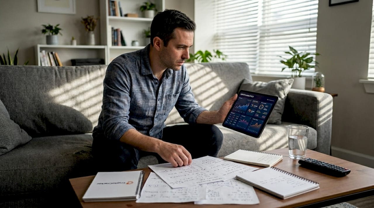 Person reviewing trends on tablet in living room