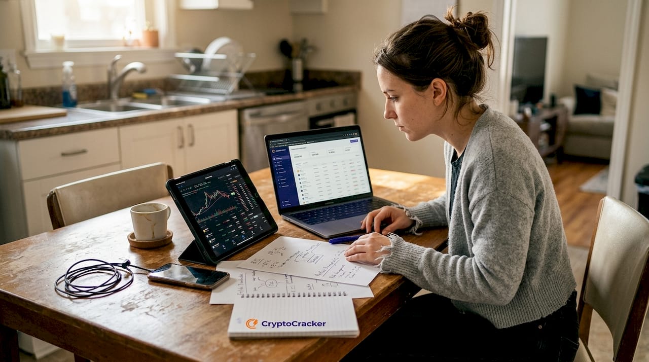 Woman researching different crypto assets at table