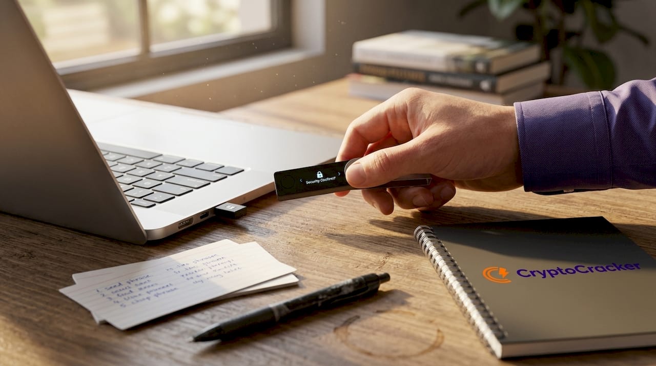 Hand connecting crypto hardware wallet at desk
