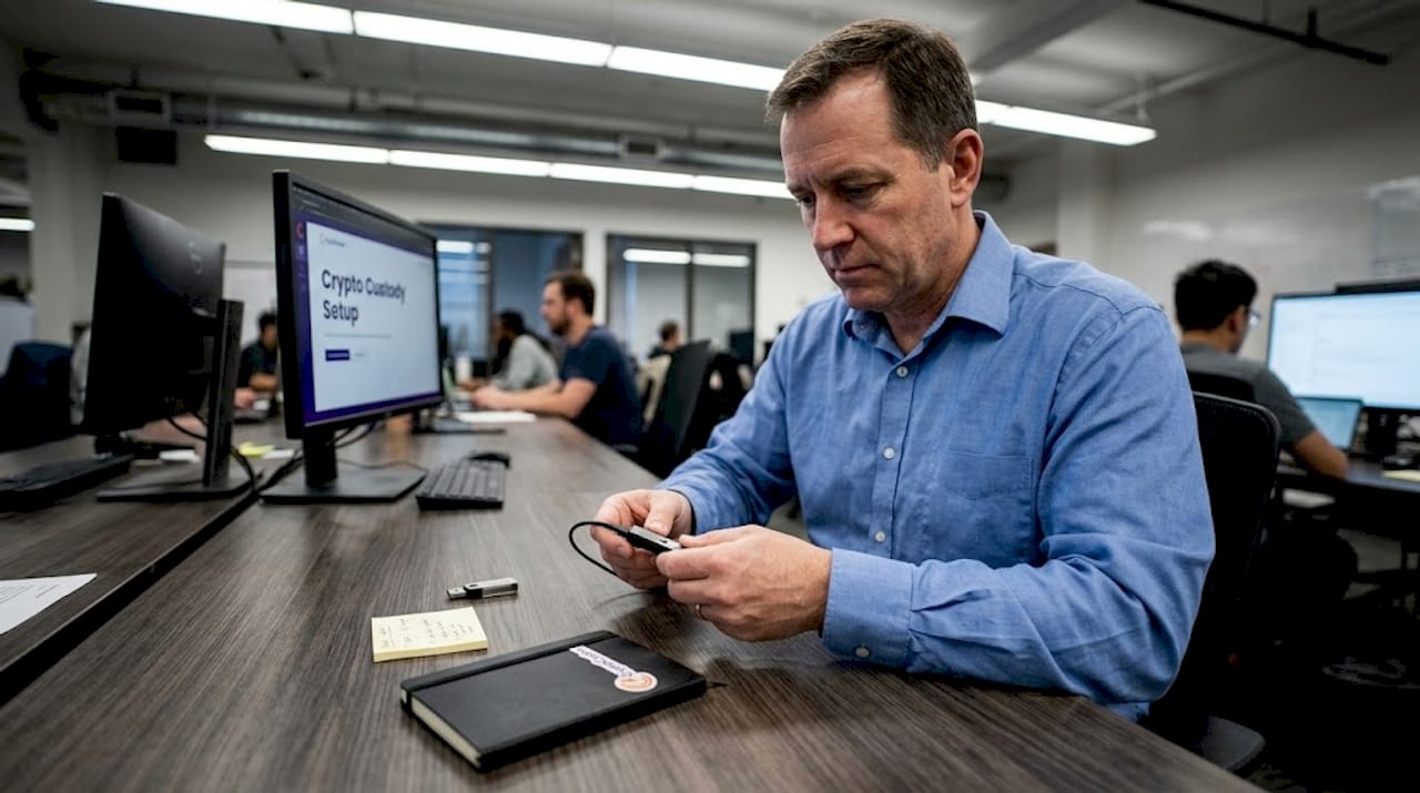 IT specialist configuring crypto custody hardware wallet