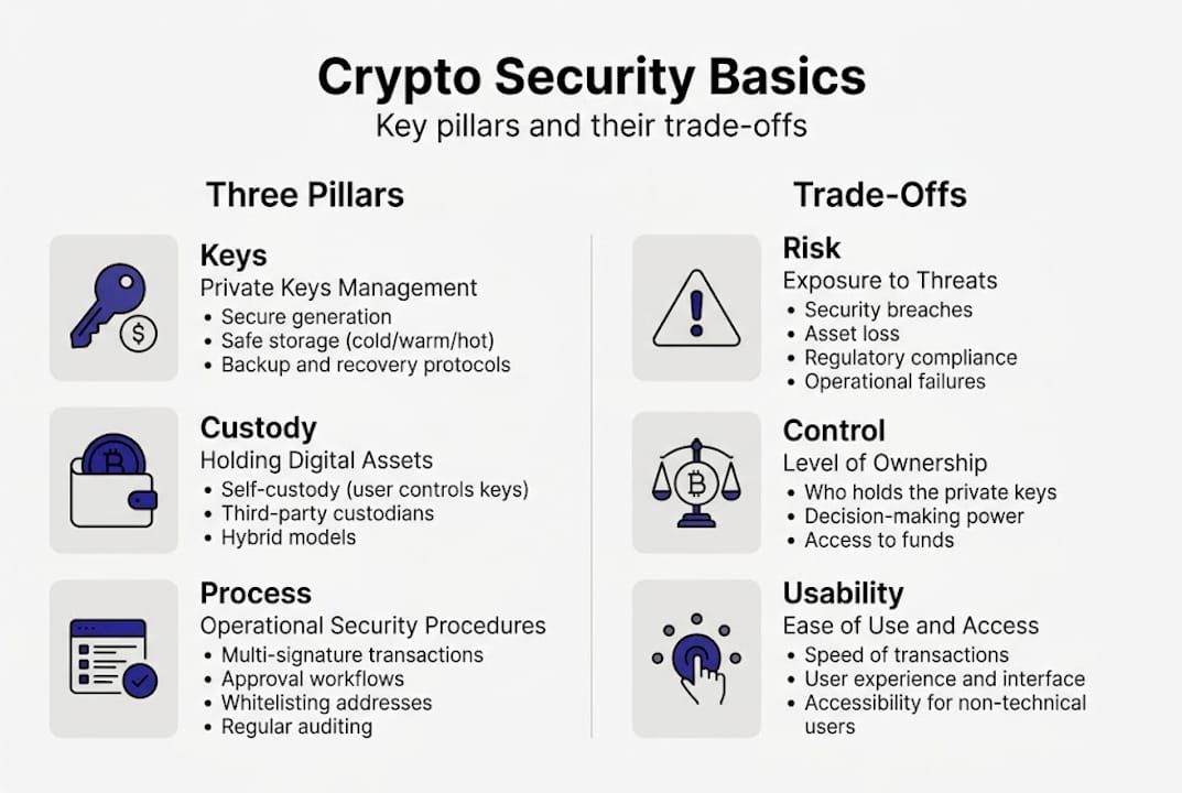 Infographic showing crypto security pillars and trade-offs
