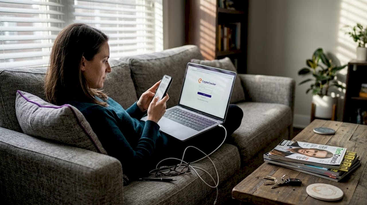 Woman using two-factor authentication at home