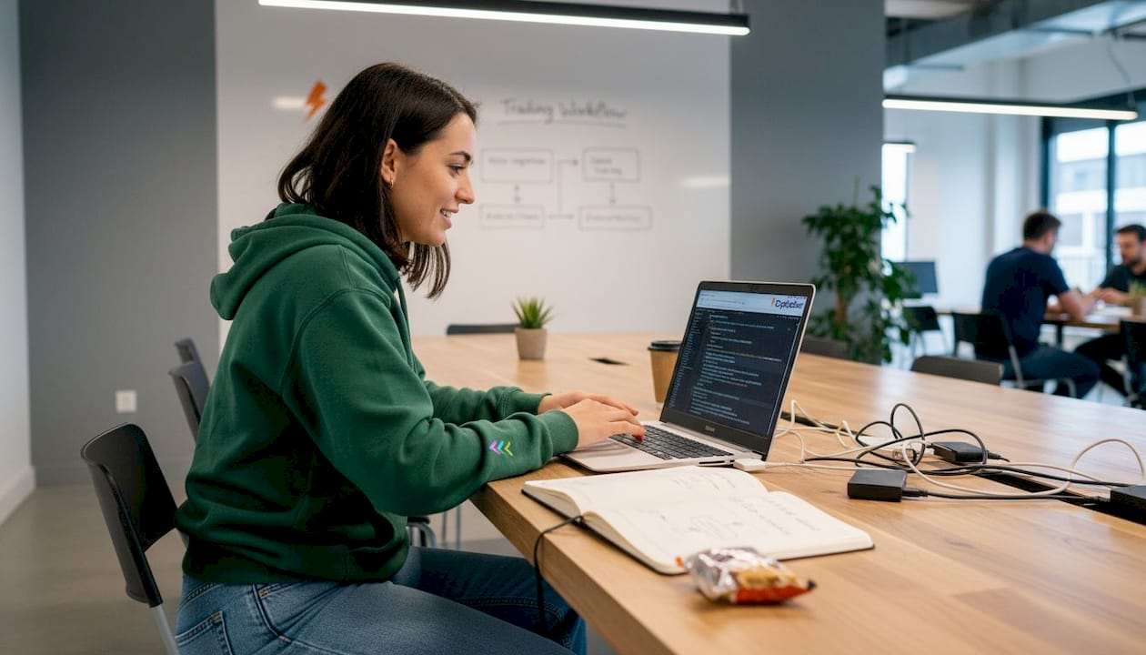 Engineer coding AI crypto framework at coworking table
