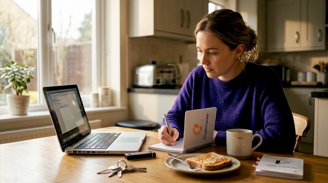 Woman recording hardware wallet seed phrase at kitchen table