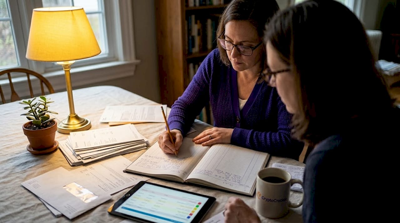 Woman updating manual crypto tax ledger at home