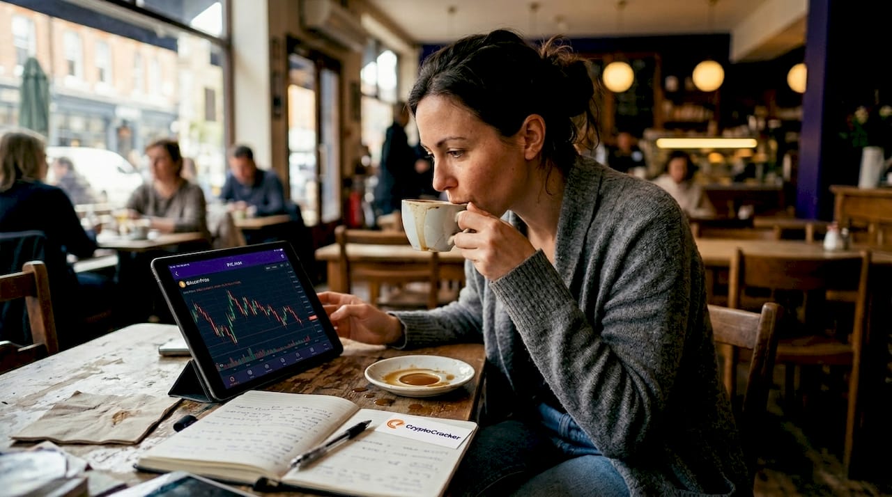 Woman viewing crypto charts in café