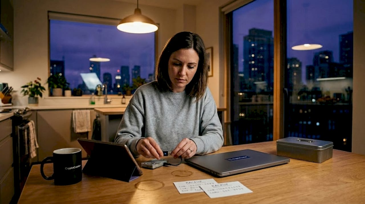 Woman transferring funds to hardware wallet
