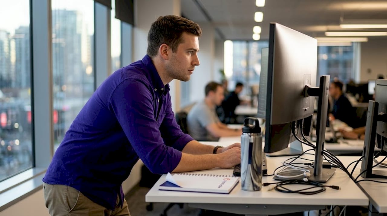 Analyst tracking crypto markets at office desk