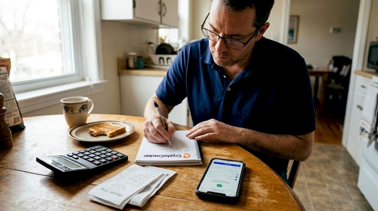 Man tracking Bitcoin savings at kitchen table