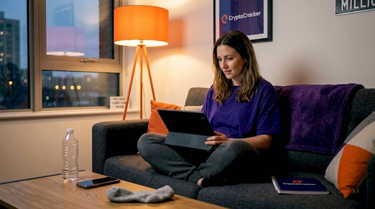 Woman browsing crypto tutorials on sofa