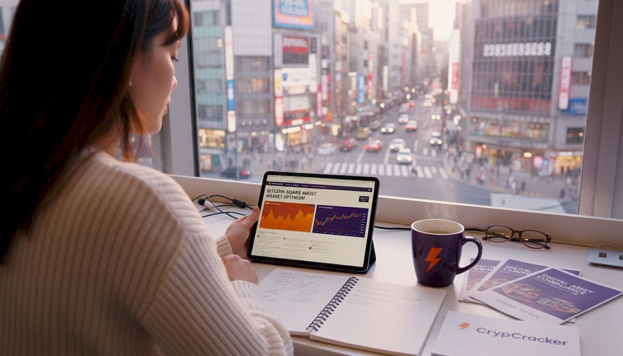 Asian trader reviews crypto news in city office