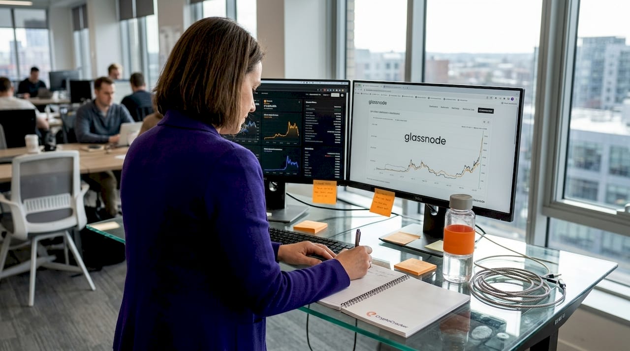 Woman analyzing crypto market dashboard at coworking desk