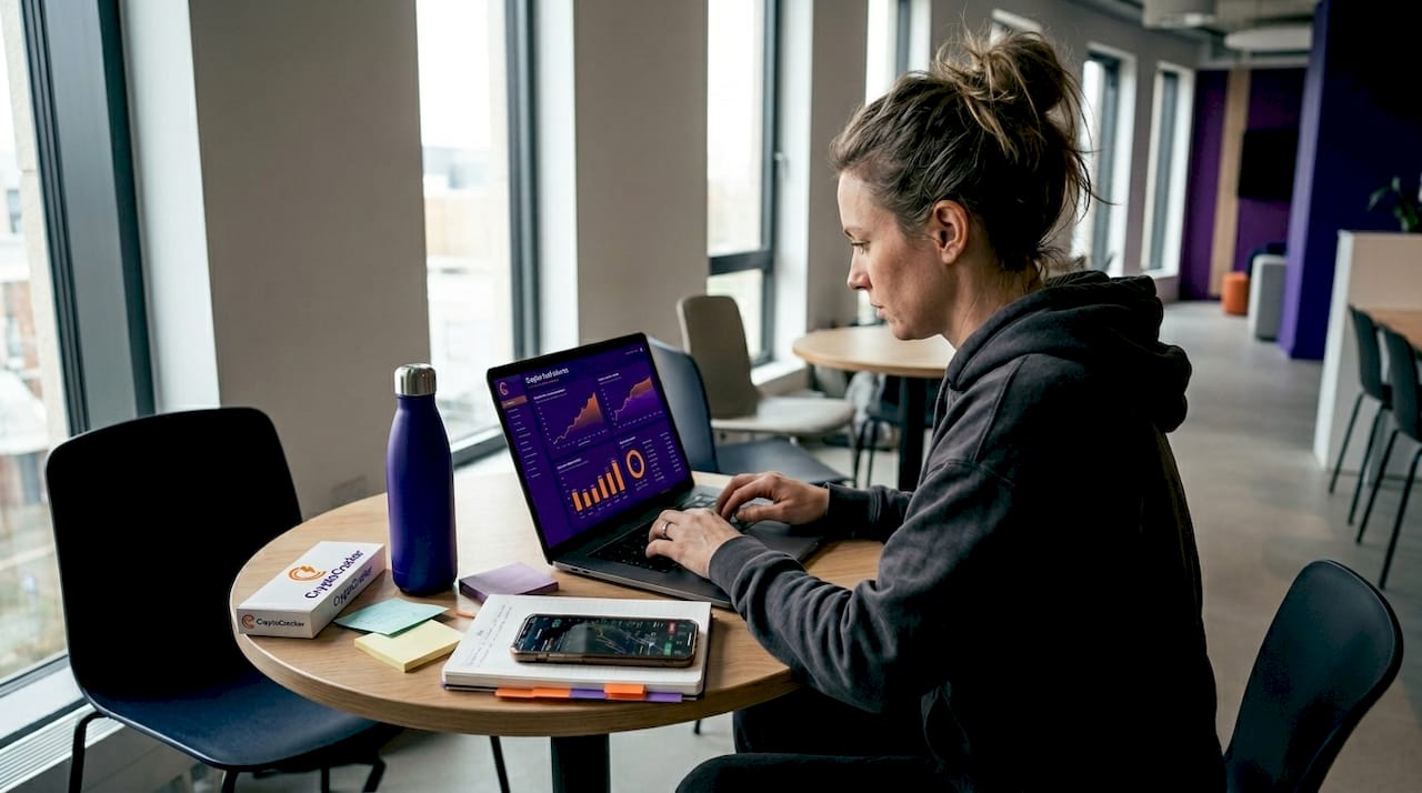 Person researches crypto yield strategies coworking